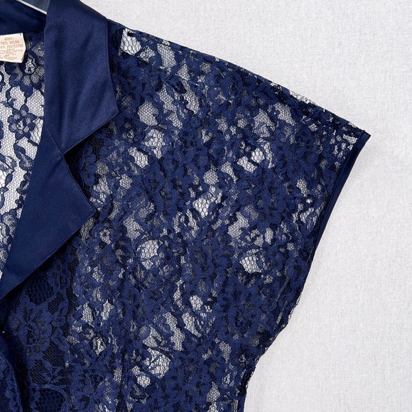 VINTAGE VICTORIAS SECRET Gold Label Lace Top Women Medium Navy Blue Short Sleeve - Picture 6 of 12